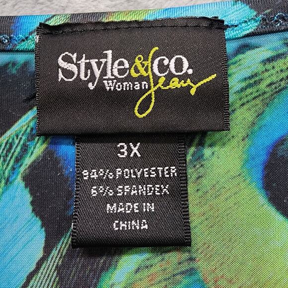 Vintage Style&Co Top Womens 3X Blue Black Peacock Print Pullover Ruched Front - Picture 4 of 9